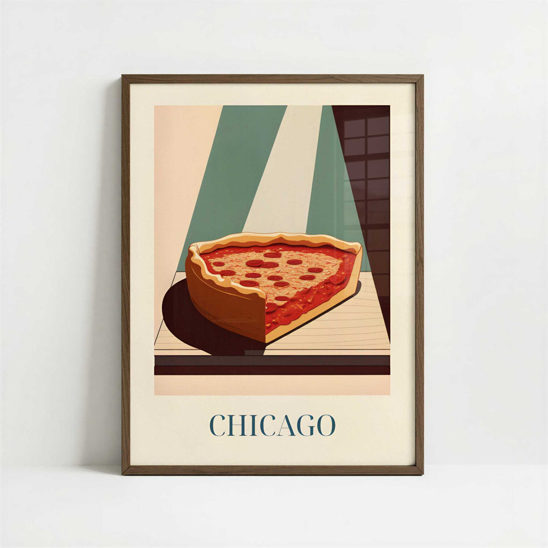 Deep dish pizza from Chicago, United States - Art Print - Art print in dark wood frame