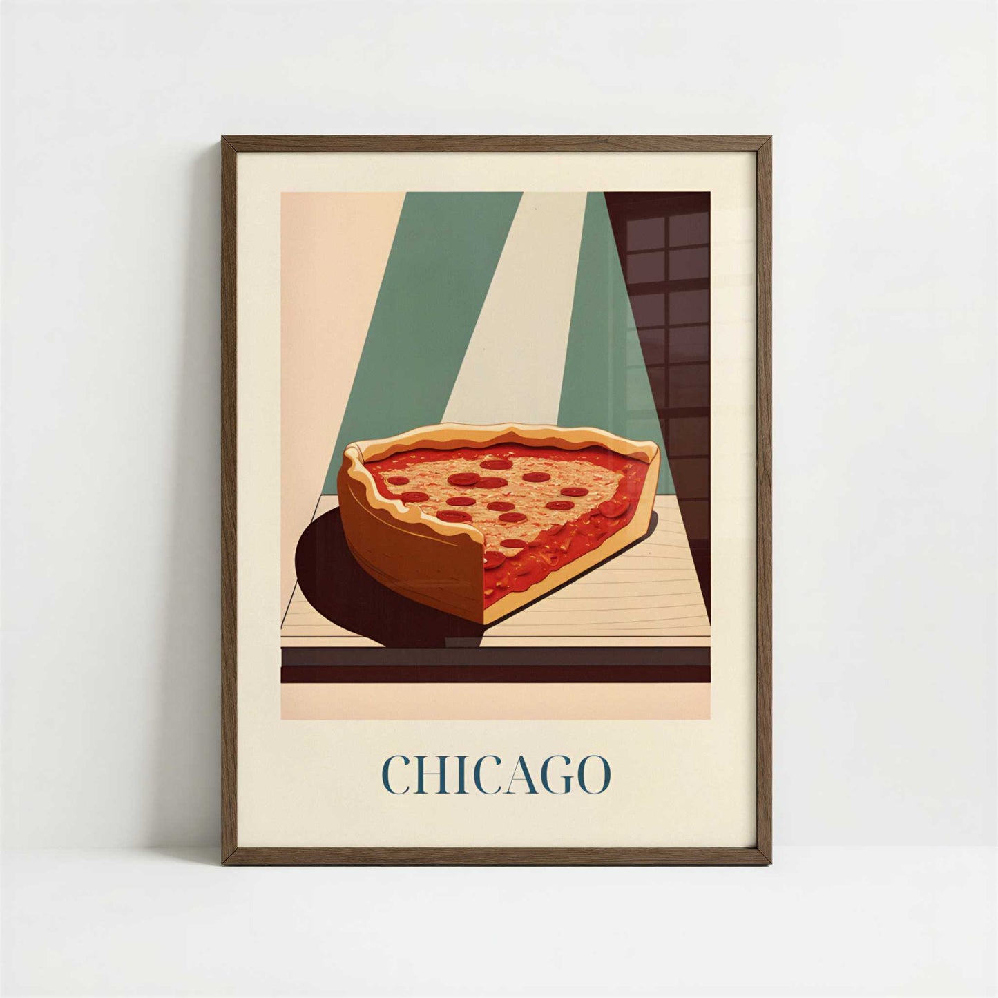 Deep dish pizza from Chicago, United States - Art Print - Art print in dark wood frame