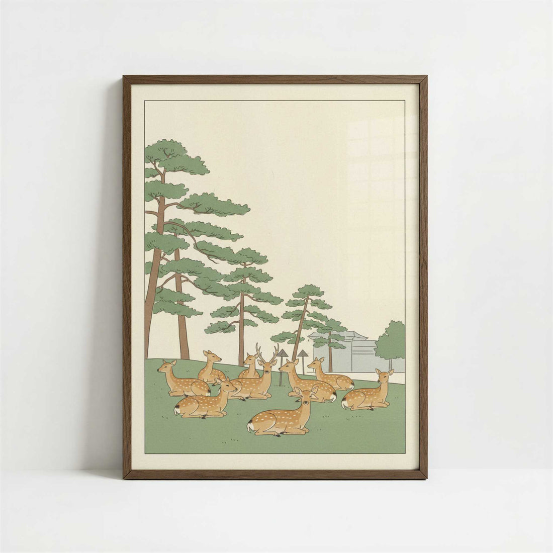 Deer Resting in Nara Park - Art Print - Art print in dark wood frame