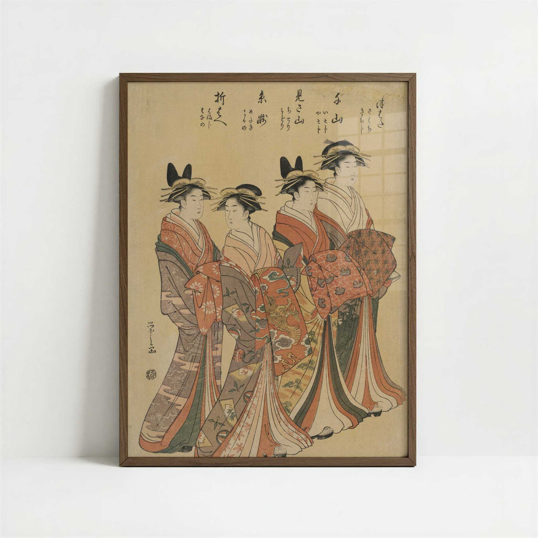 The Courtesans Mitsuhata, Senzan, Misayama, Itotaki, and Oribae (c.1792) by Chobunsai Eishi – Art Print - Art print in dark wood frame