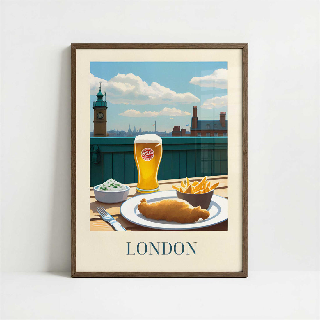 Fish and Chips from London, England - Art Print - Art print in dark wood frame