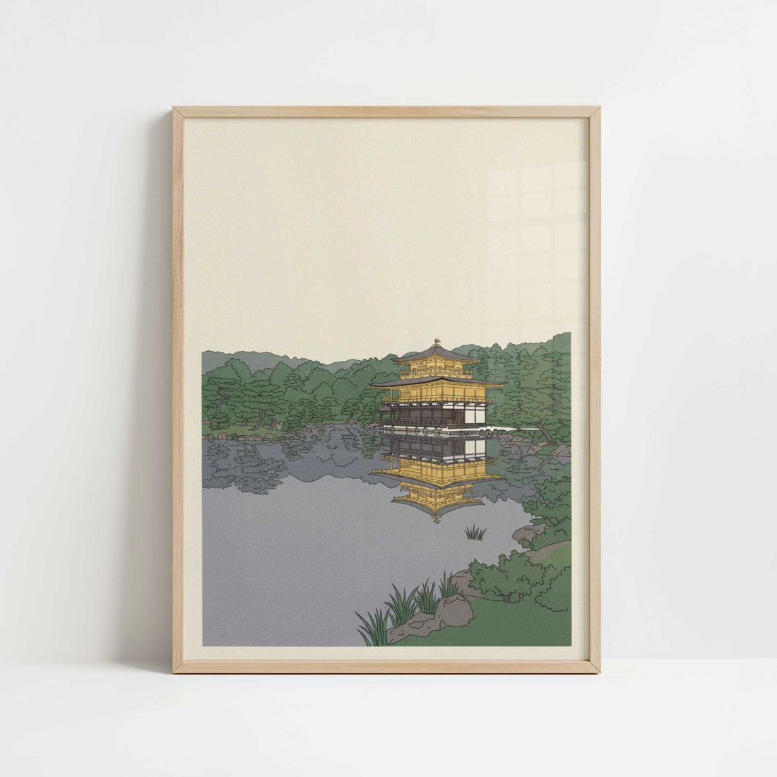 Golden Stillness at the Golden Pavilion in Kyoto - Art Print - Art print in oak frame