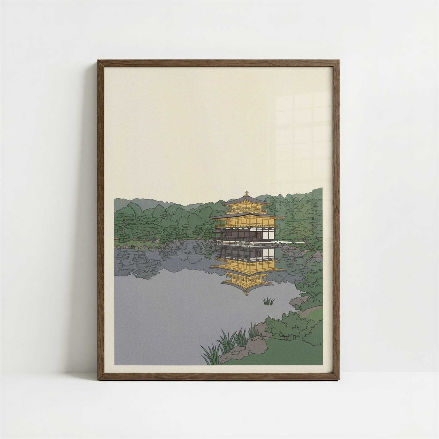 Golden Stillness at the Golden Pavilion in Kyoto - Art Print - Art print in dark wood frame