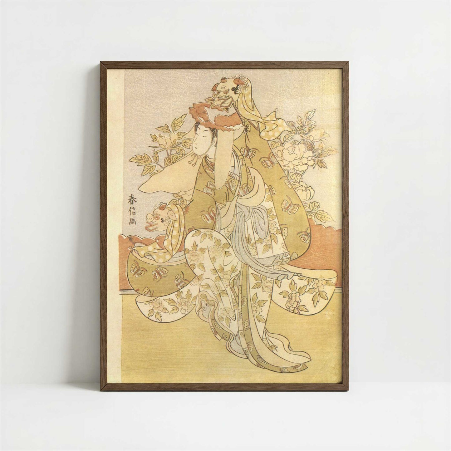 Girl Performing the Lion Dance (1769–70) by Harunobu Suzuki – Art Print - Art print in dark wood frame
