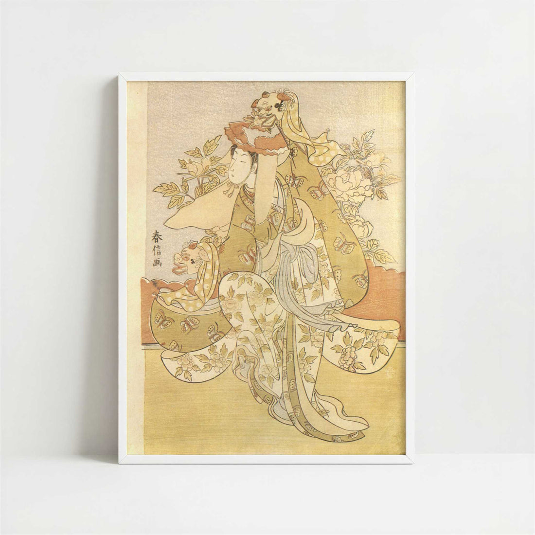 Girl Performing the Lion Dance (1769–70) by Harunobu Suzuki – Art Print - Art print in white frame