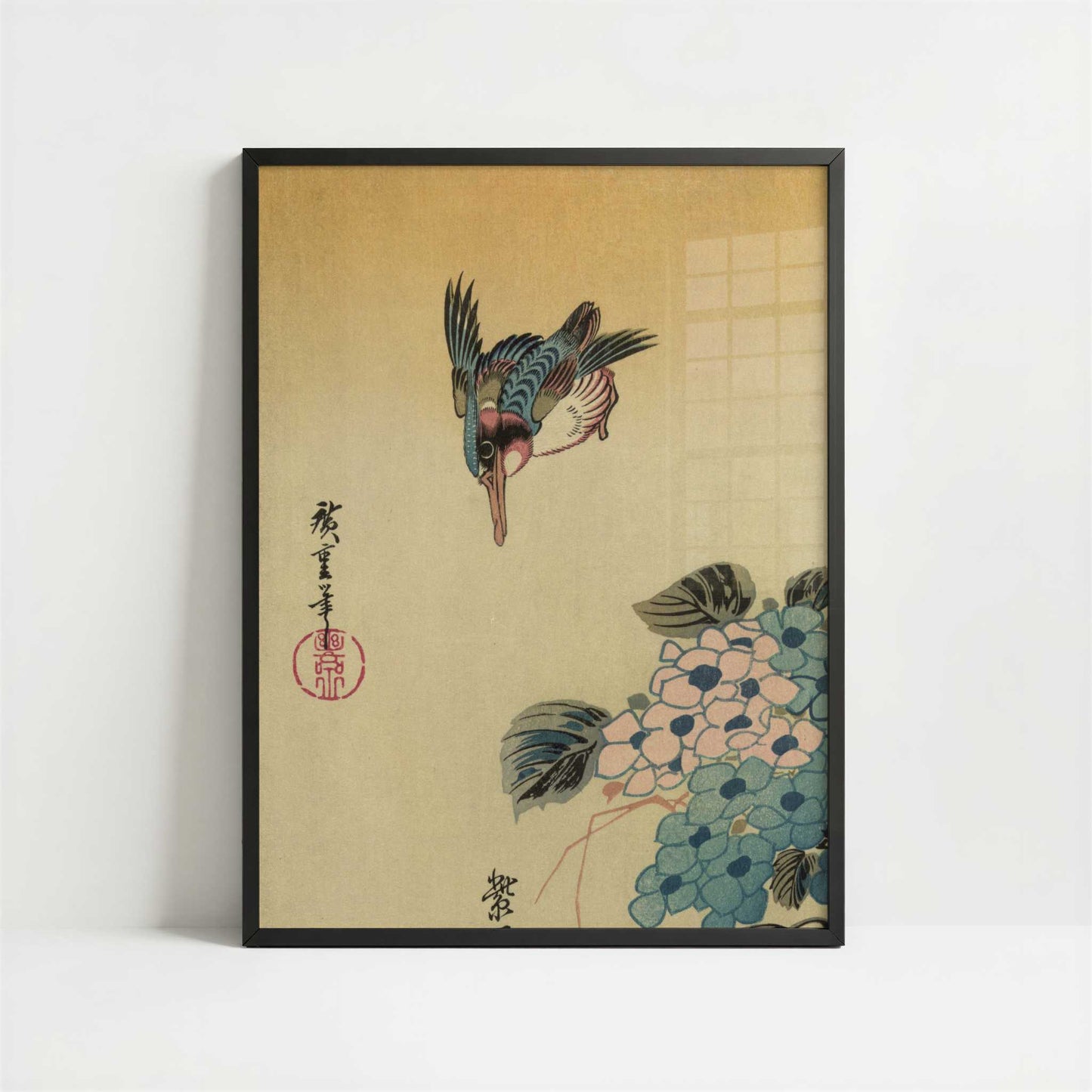 Hydrangea and Kingfisher (1830–1858) by Hiroshige – Art Print - Art print in black frame