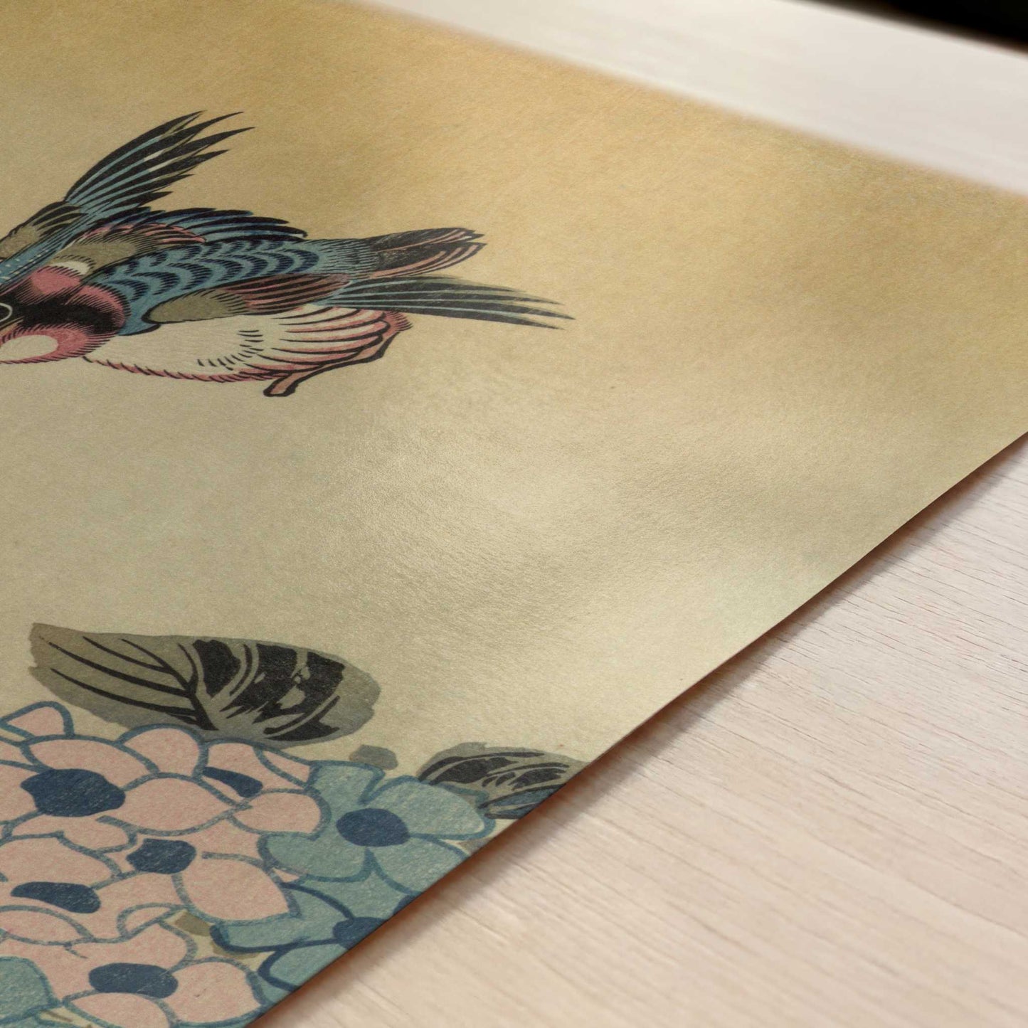 Hydrangea and Kingfisher (1830–1858) by Hiroshige – Art Print - Close-up detail of the art print