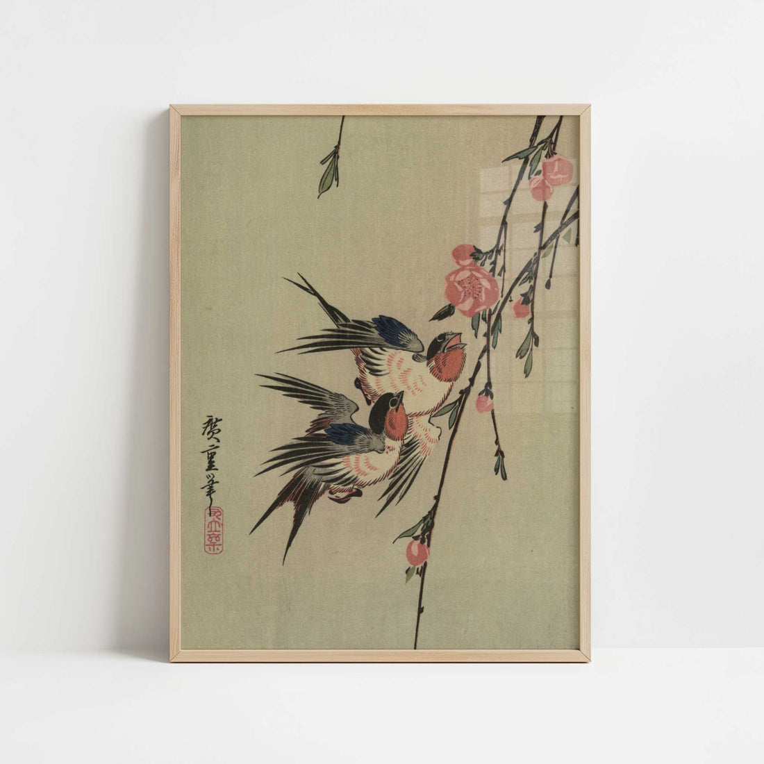 Moon, Swallows, and Peach Blossoms (1850s) by Hiroshige – Art Print - Art print in oak frame