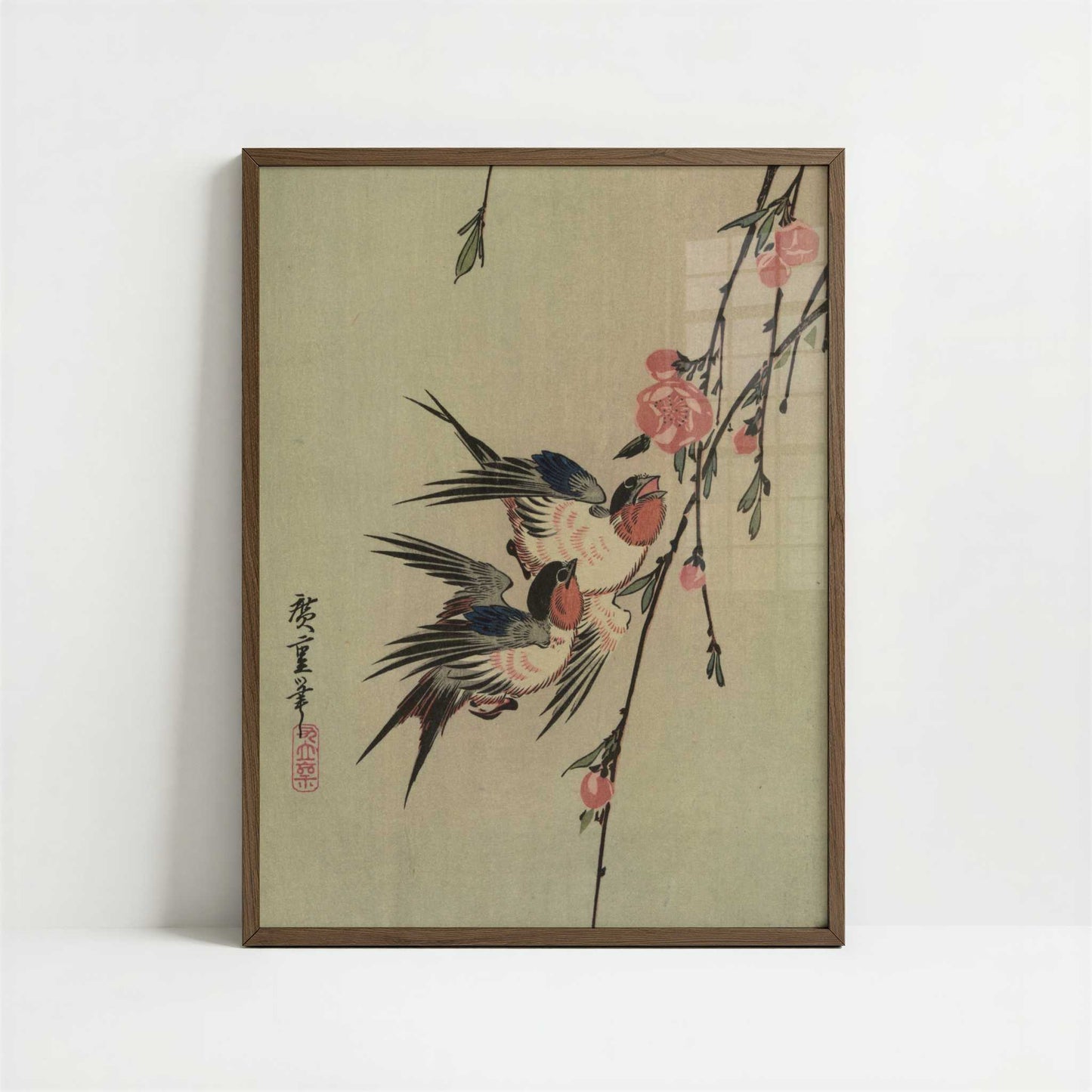 Moon, Swallows, and Peach Blossoms (1850s) by Hiroshige – Art Print - Art print in dark wood frame