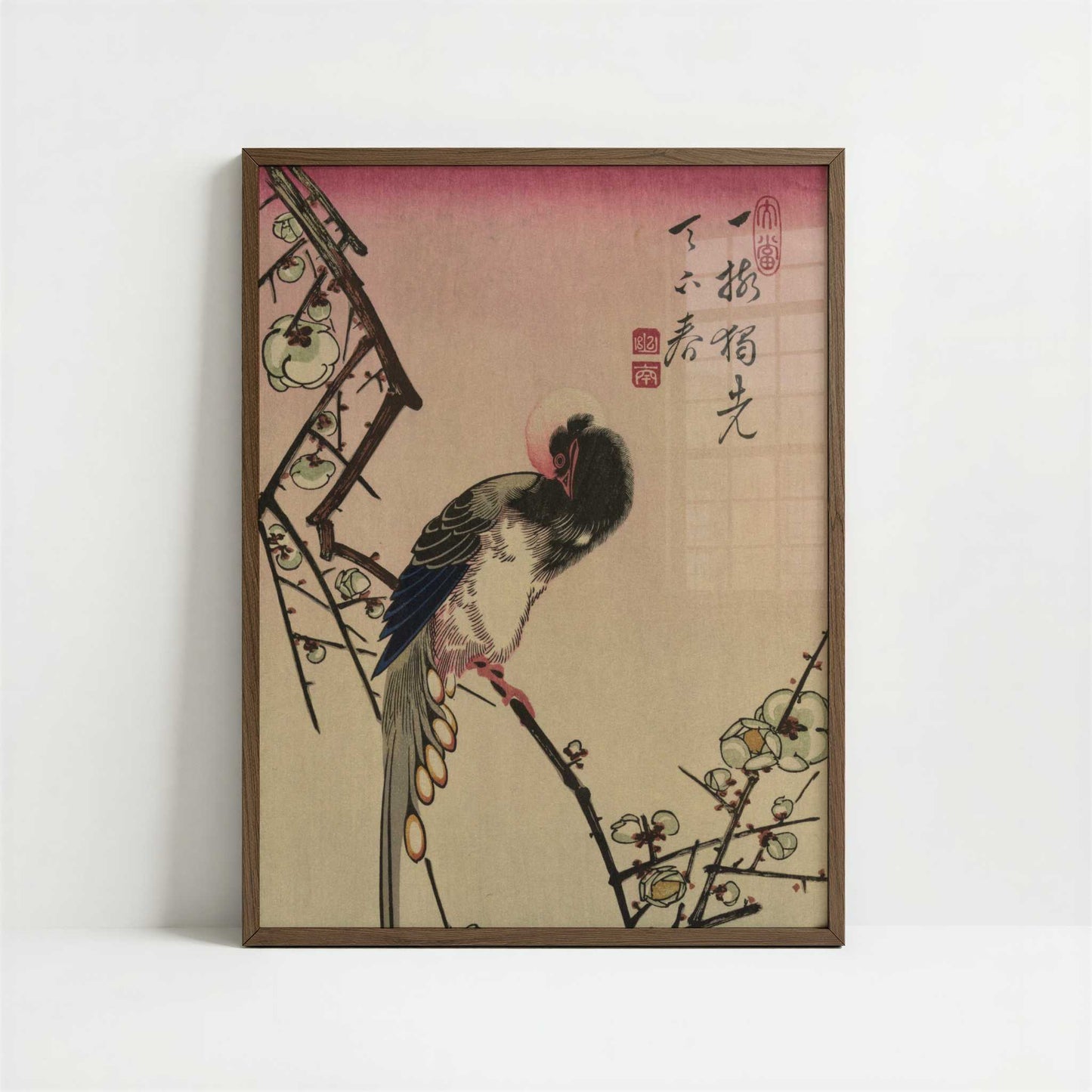 Plum Blossom and Magpie (1830-1858) by Hiroshige – Art Print - Art print in dark wood frame