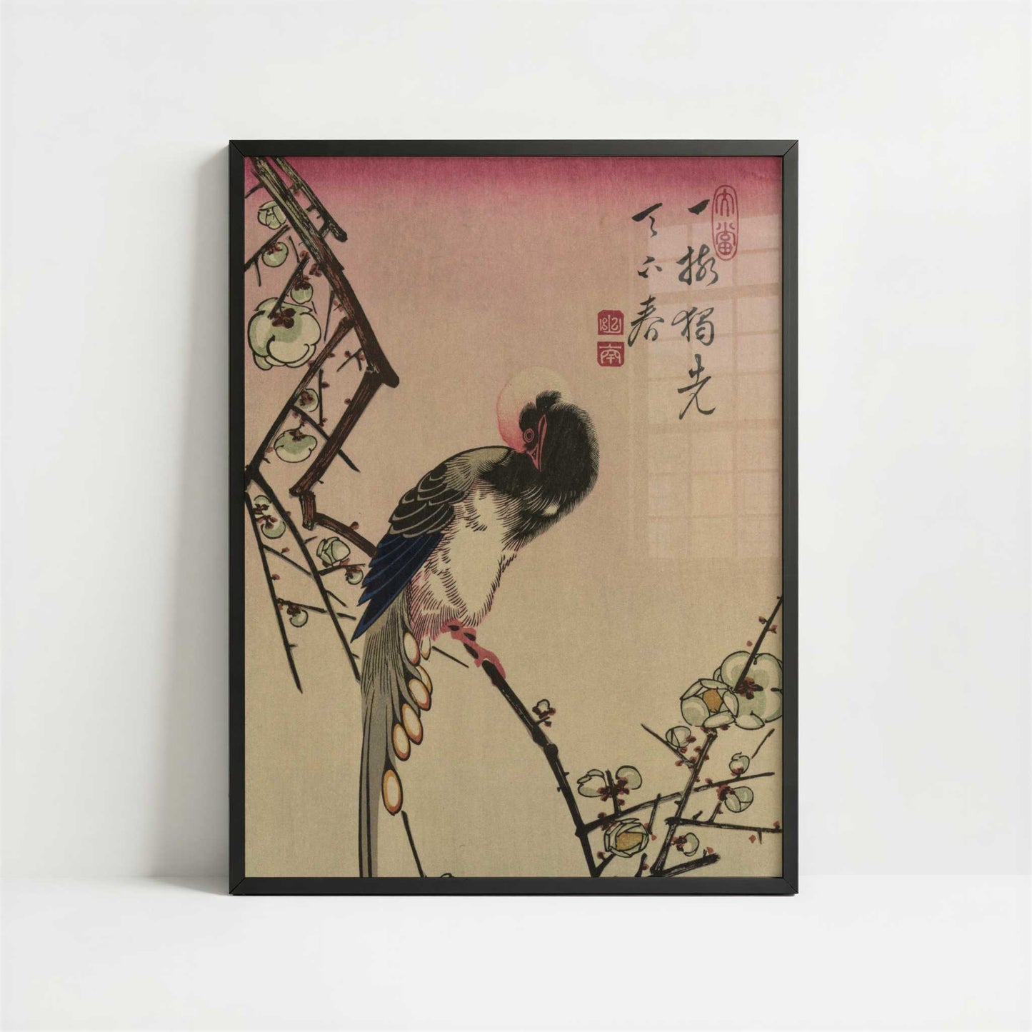 Plum Blossom and Magpie (1830-1858) by Hiroshige – Art Print - Art print in black frame
