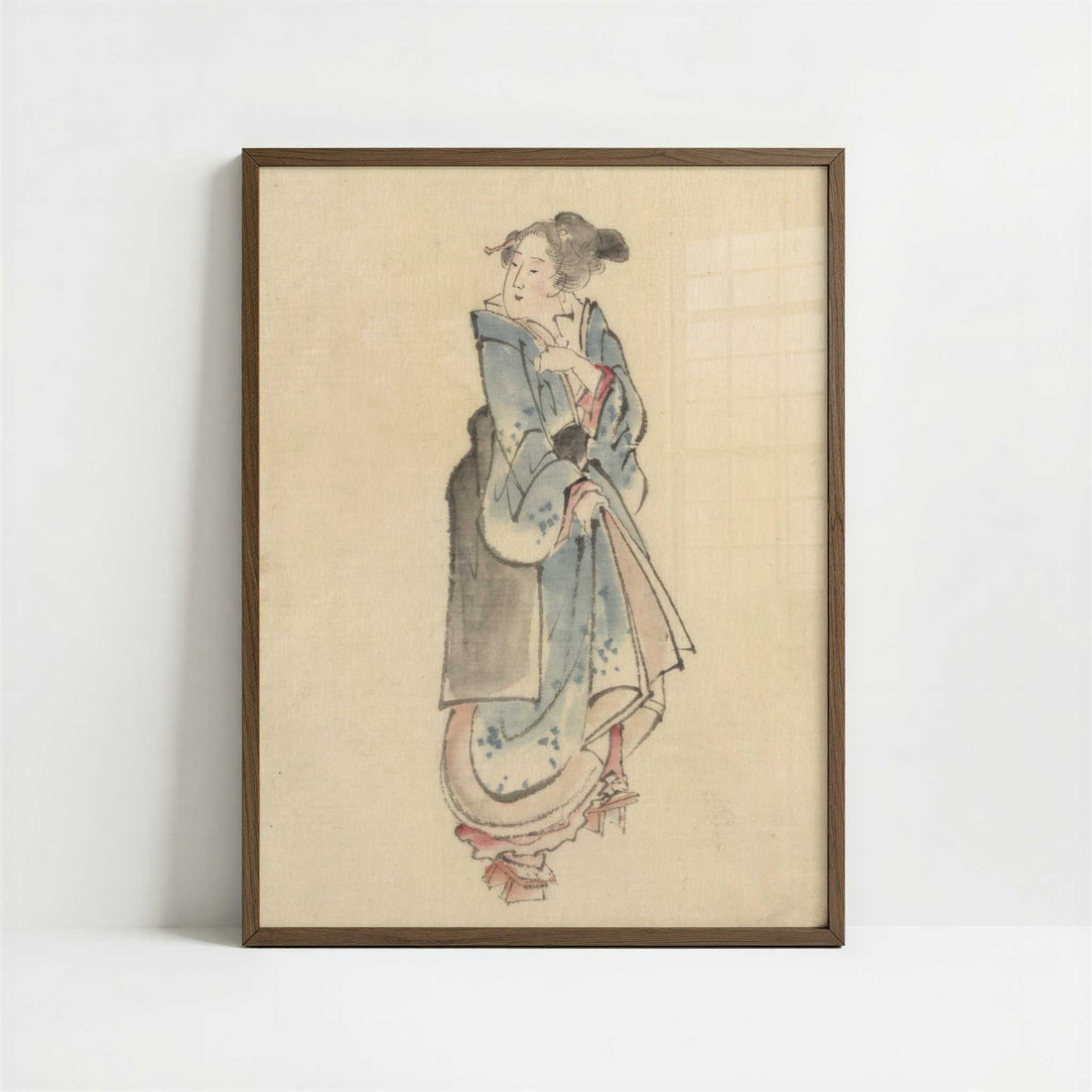 A Woman Walking to the Right (1830s) by Hokusai – Art Print - Art print in dark wood frame