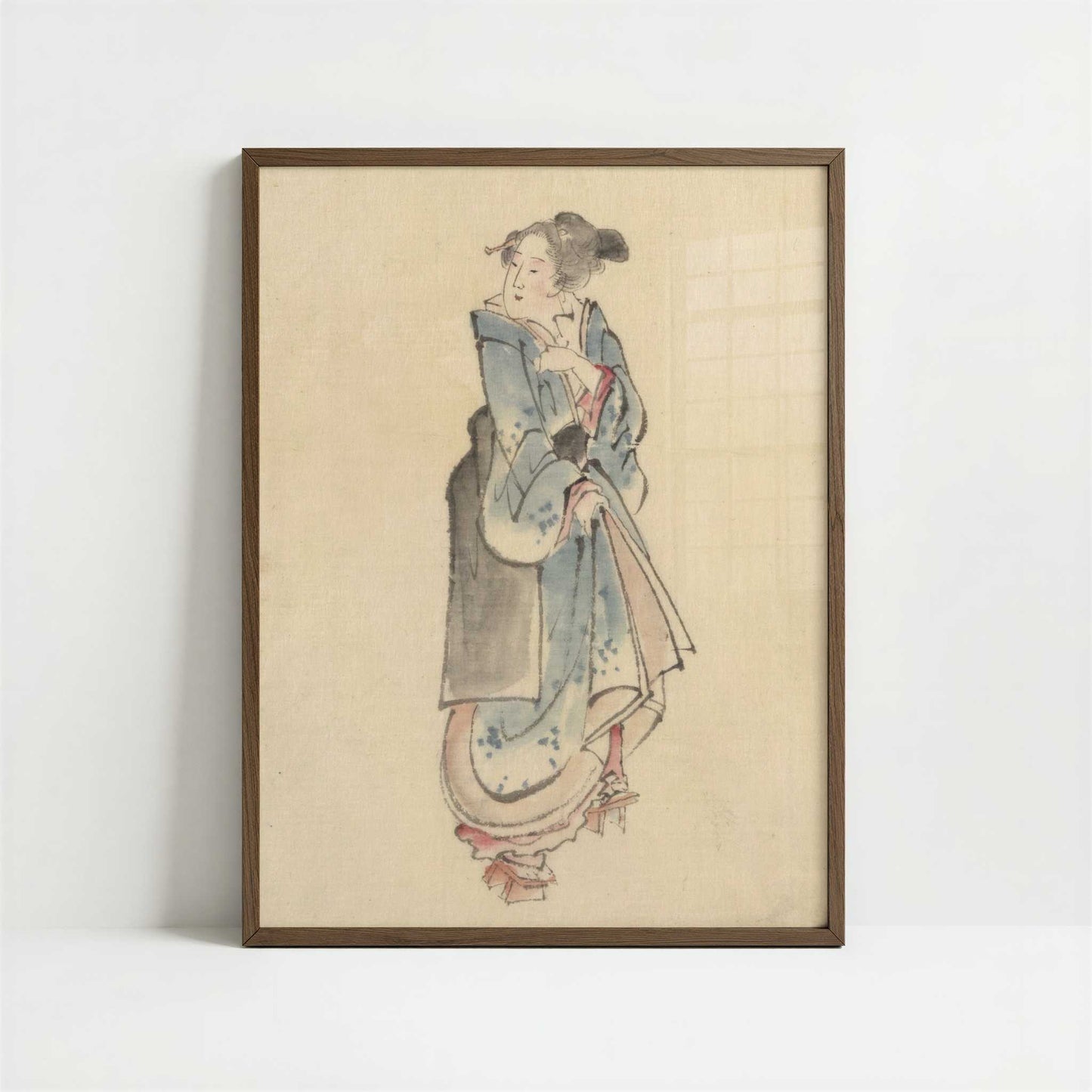 A Woman Walking to the Right (1830s) by Hokusai – Art Print - Art print in dark wood frame