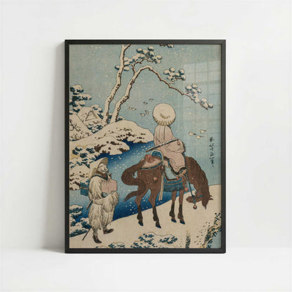 Chinese Official Pausing on a Bridge to View the Snow (1834-5) by Hokusai – Art Print - Art print in black frame