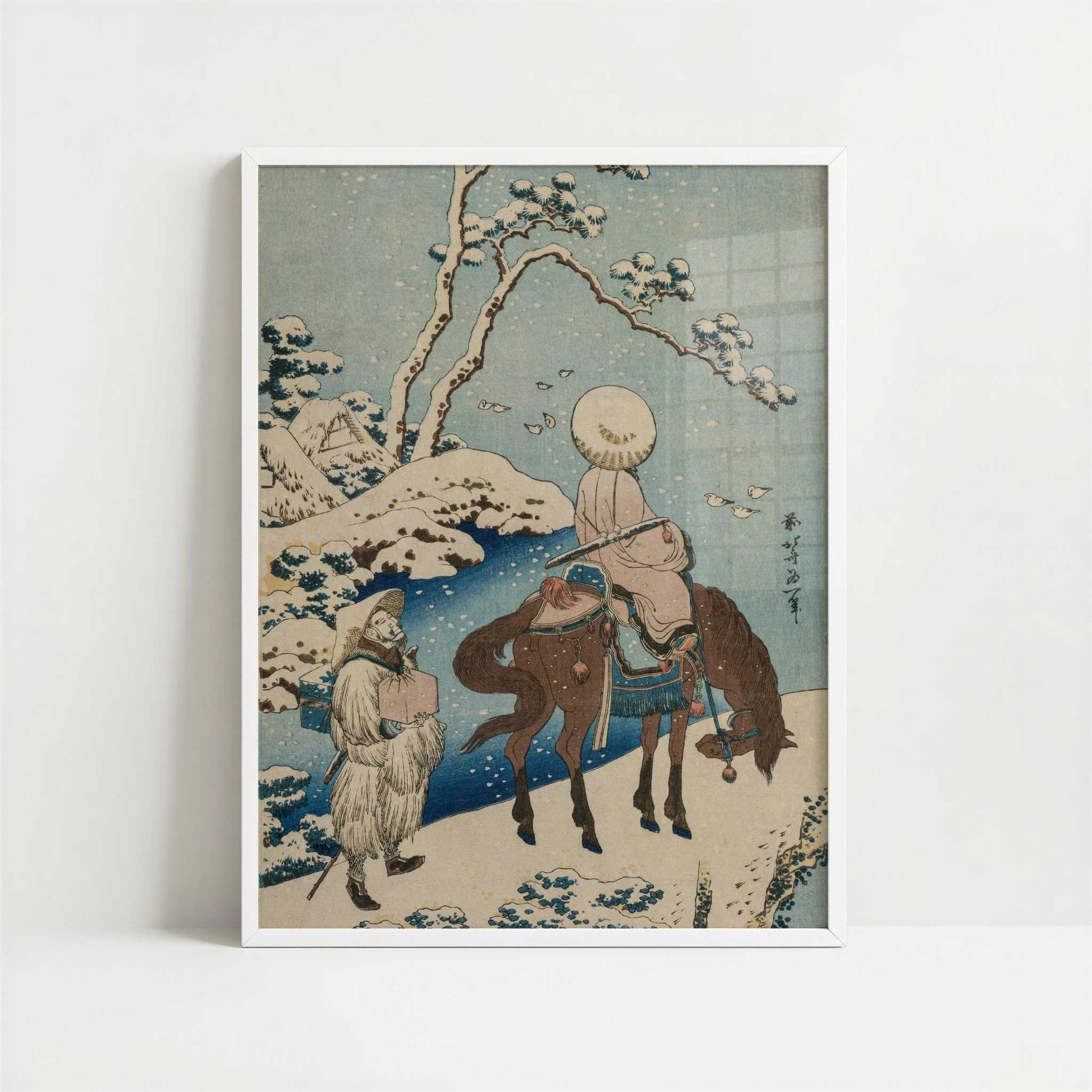 Chinese Official Pausing on a Bridge to View the Snow (1834-5) by Hokusai – Art Print - Art print in white frame