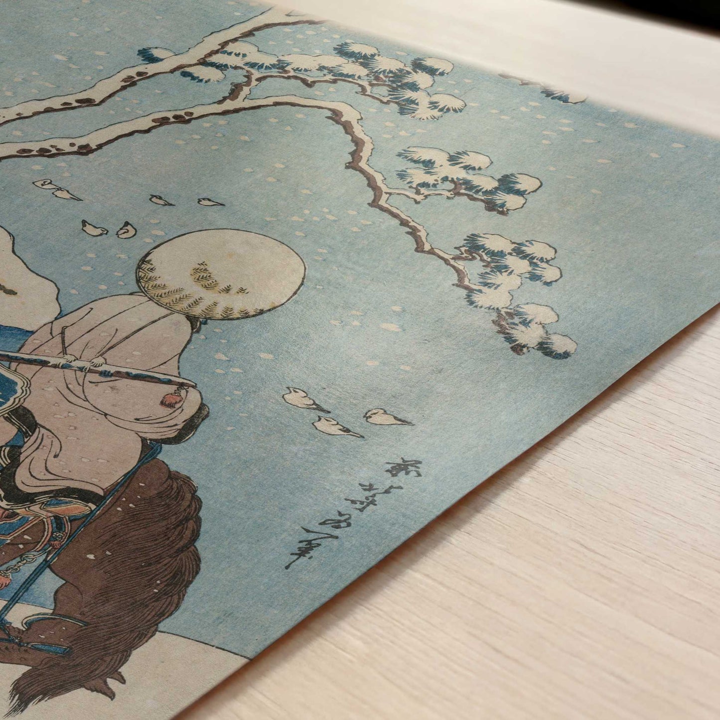 Chinese Official Pausing on a Bridge to View the Snow (1834-5) by Hokusai – Art Print - Close-up detail of the art print