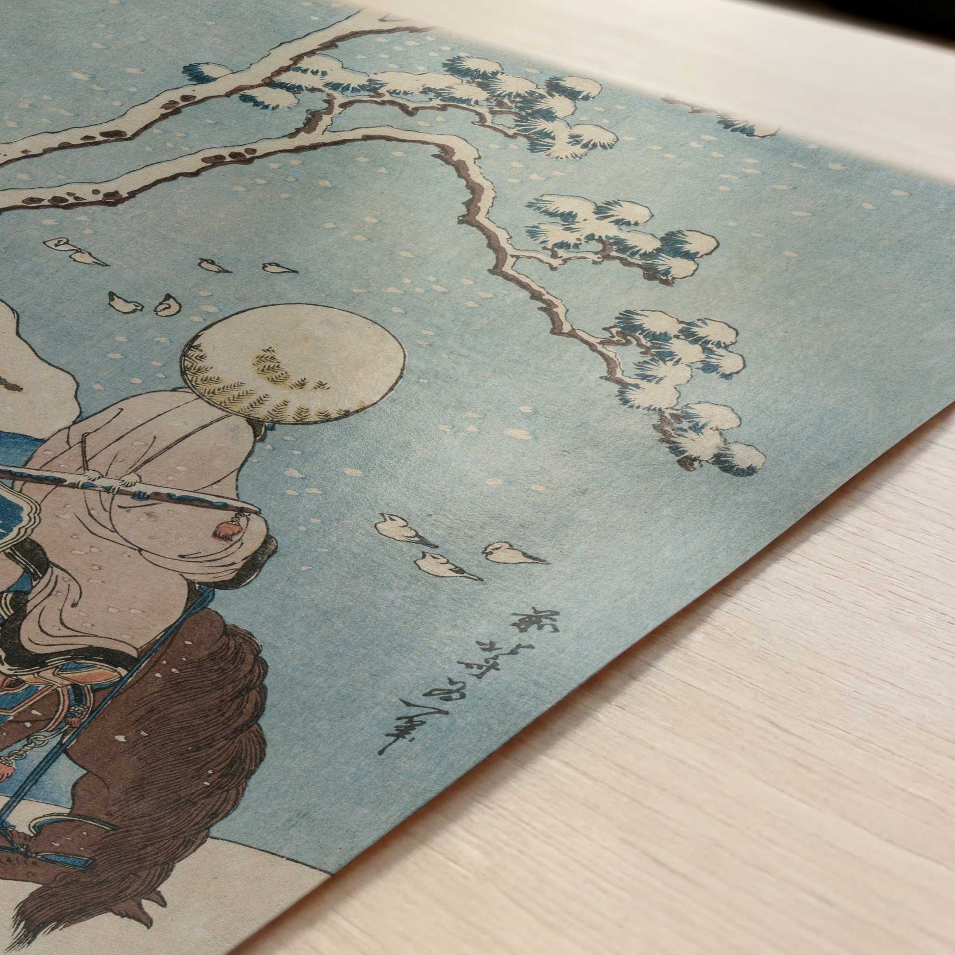 Chinese Official Pausing on a Bridge to View the Snow (1834-5) by Hokusai – Art Print - Close-up detail of the art print