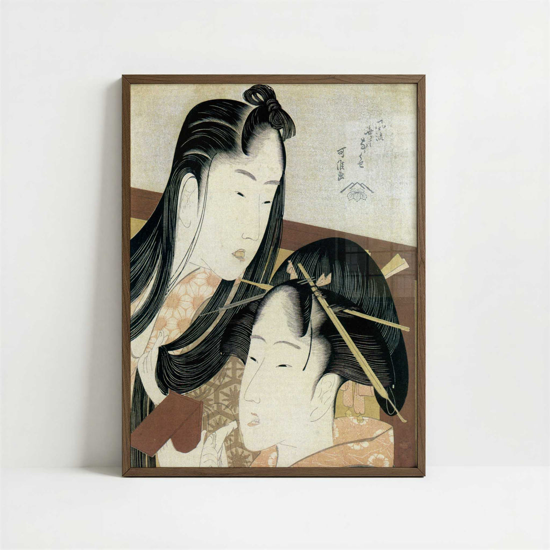 Girls at their Toilette (1790s) by Hokusai – Art Print - Art print in dark wood frame