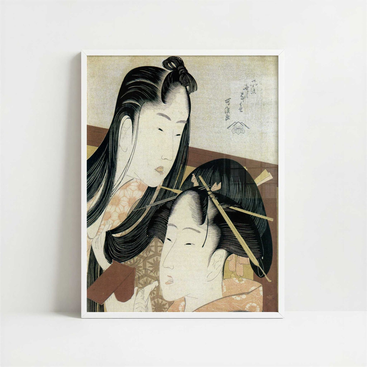 Girls at their Toilette (1790s) by Hokusai – Art Print - Art print in white frame