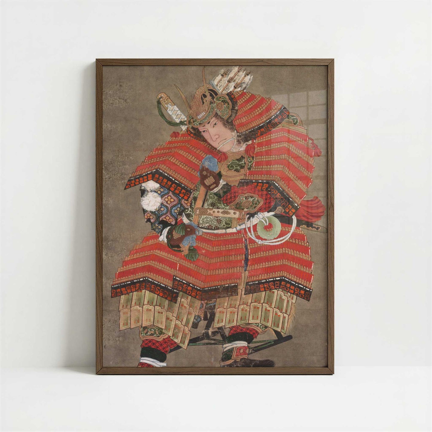 Minamoto no Yoshitsune (1830s) by Hokusai – Art Print - Art print in dark wood frame