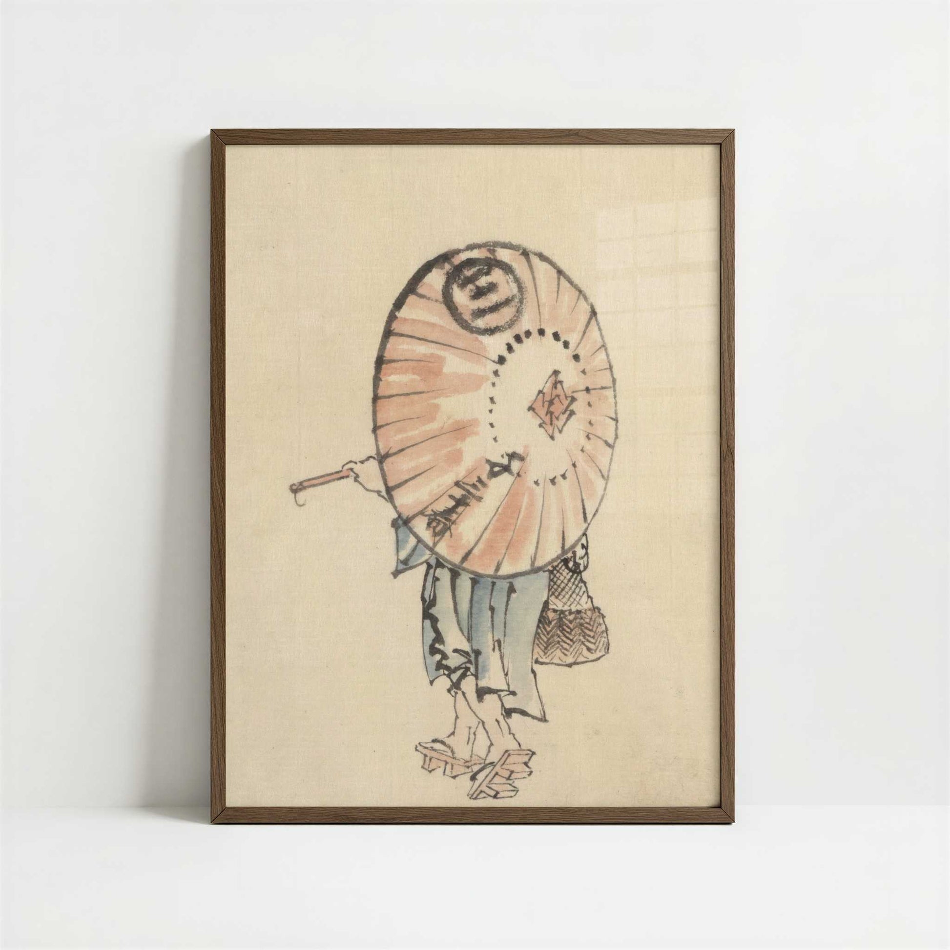 Person with Parasol (1830s) by Hokusai – Art Print - Art print in dark wood frame