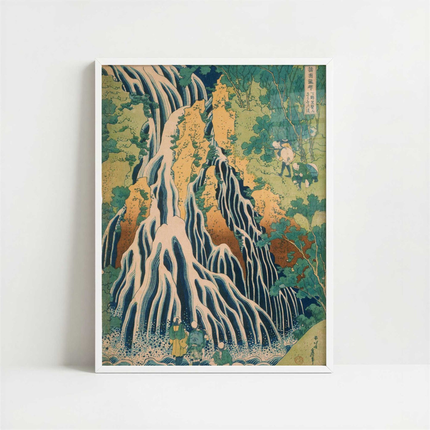 Pilgrims at Kirifuri Waterfall (1831-2) by Hokusai – Art Print - Art print in white frame