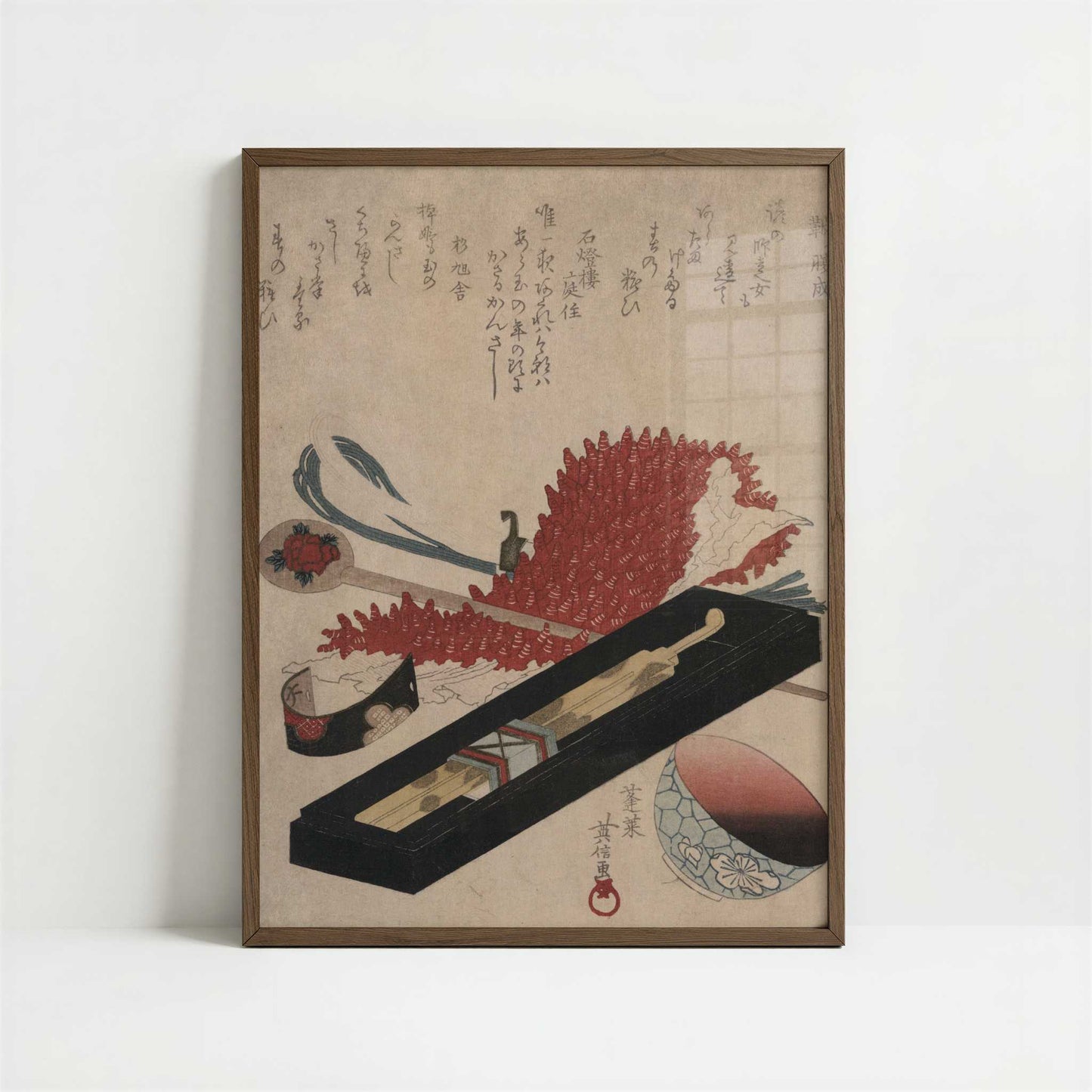 Shibori, Hairpin, and Lip Color Bowl (1818–1830) by Hidenobu – Art Print - Art print in dark wood frame