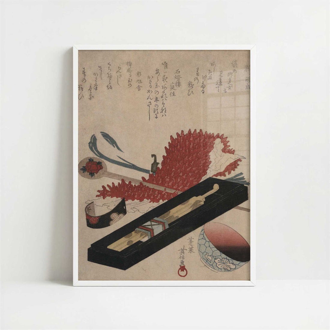 Shibori, Hairpin, and Lip Color Bowl (1818–1830) by Hidenobu – Art Print - Art print in white frame