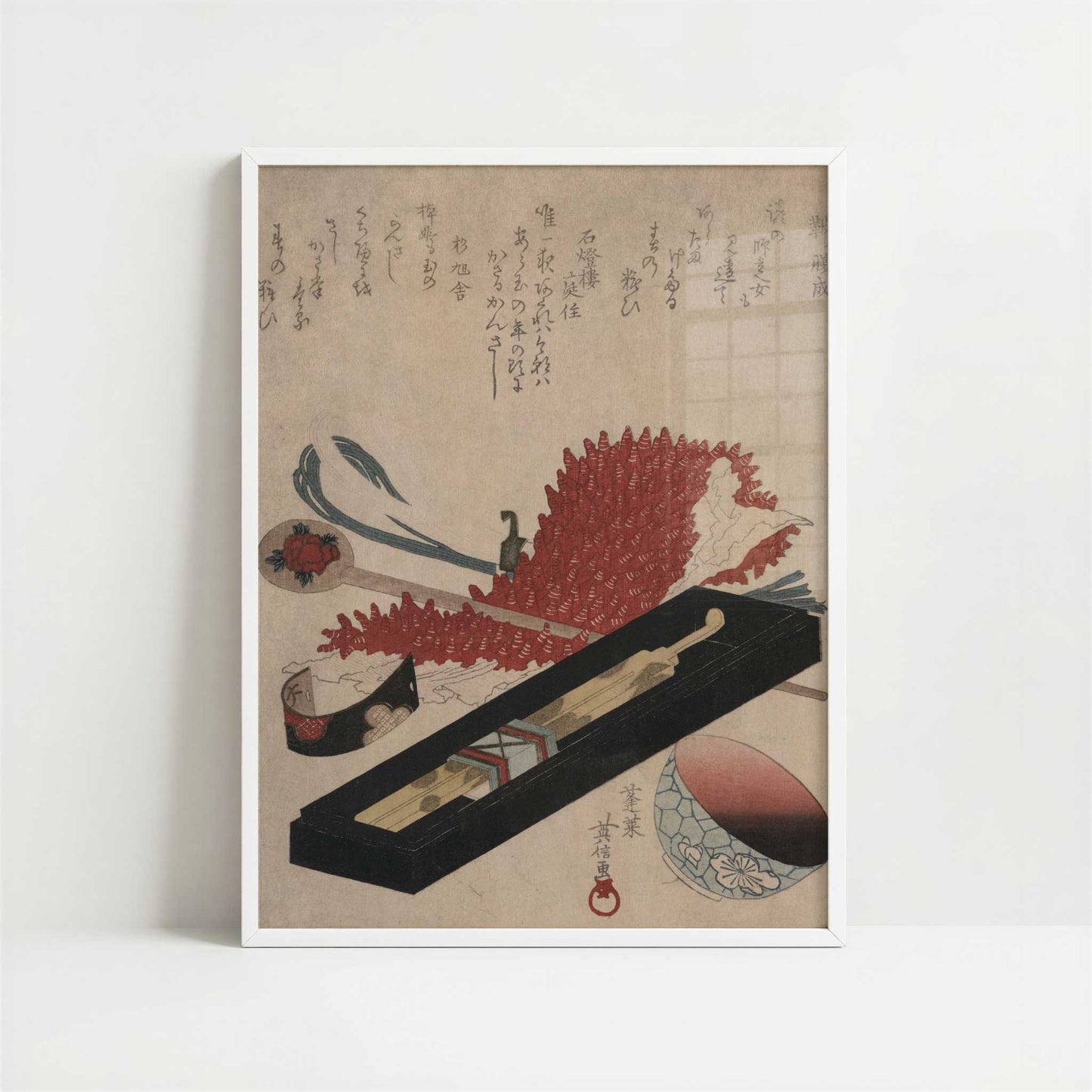 Shibori, Hairpin, and Lip Color Bowl (1818–1830) by Hidenobu – Art Print - Art print in white frame