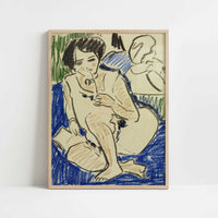 Crouching Woman with Book (1909) by Ernst Ludwig Kirchner – Art Print - Art print in oak frame