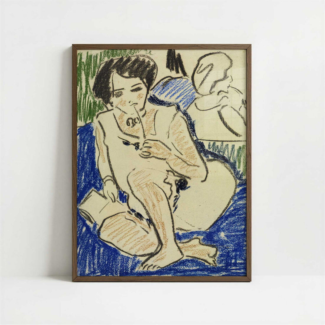Crouching Woman with Book (1909) by Ernst Ludwig Kirchner – Art Print - Art print in dark wood frame