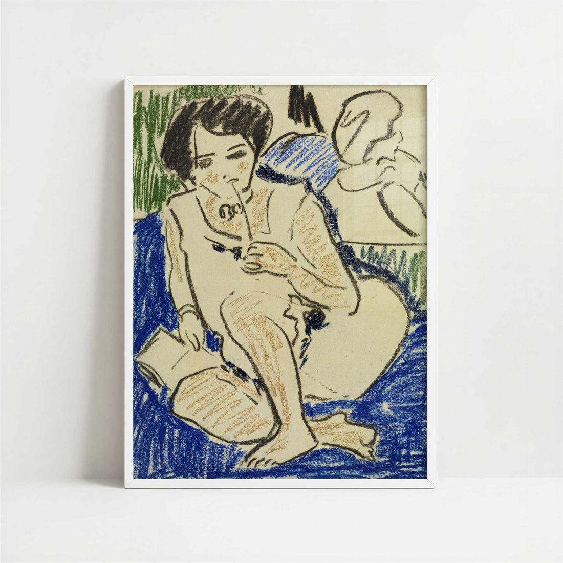 Crouching Woman with Book (1909) by Ernst Ludwig Kirchner – Art Print - Art print in white frame