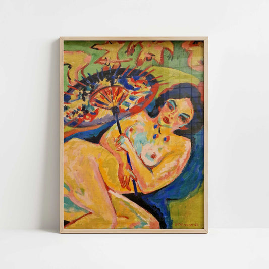 Girl under Japanese Umbrella (1909) by Ernst Ludwig Kirchner – Art Print - Art print in oak frame