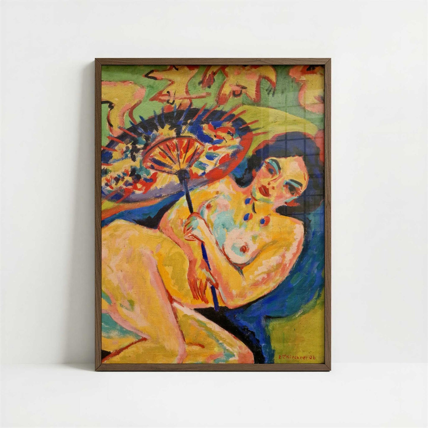 Girl under Japanese Umbrella (1909) by Ernst Ludwig Kirchner – Art Print - Art print in dark wood frame