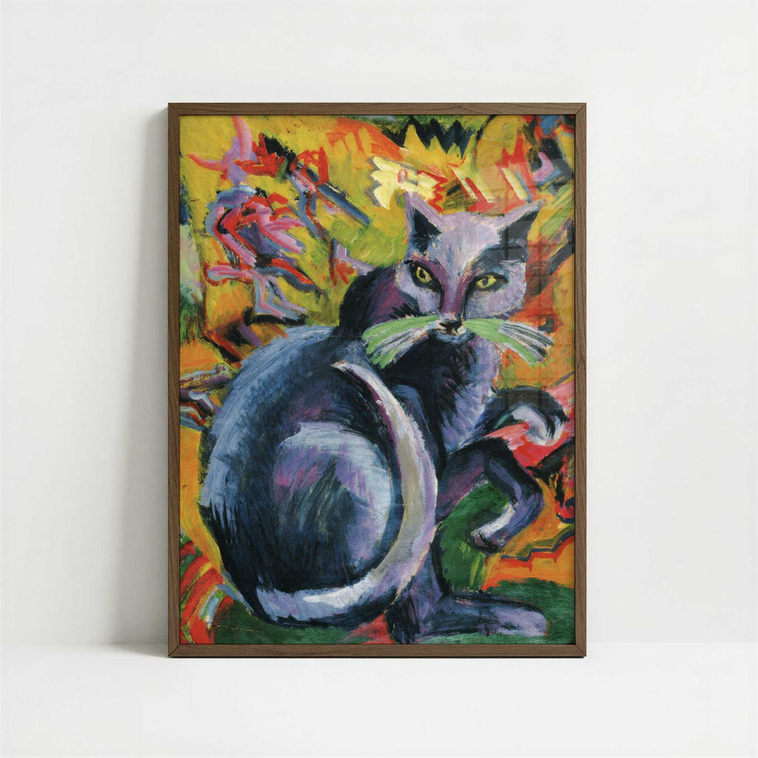 Grey Cat on a Cushion (1919-20) by Ernst Ludwig Kirchner – Art Print - Art print in dark wood frame