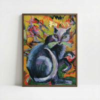 Grey Cat on a Cushion (1919-20) by Ernst Ludwig Kirchner – Art Print - Art print in dark wood frame