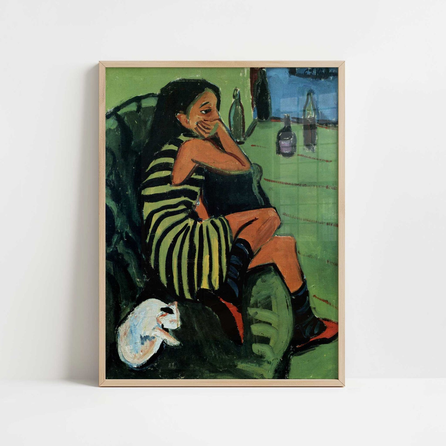 Marcella with Cat (1910) by Ernst Ludwig Kirchner – Art Print - Art print in oak frame