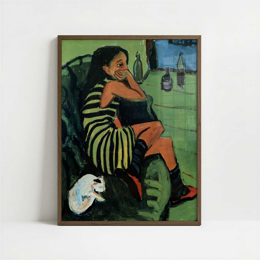 Marcella with Cat (1910) by Ernst Ludwig Kirchner – Art Print - Art print in dark wood frame