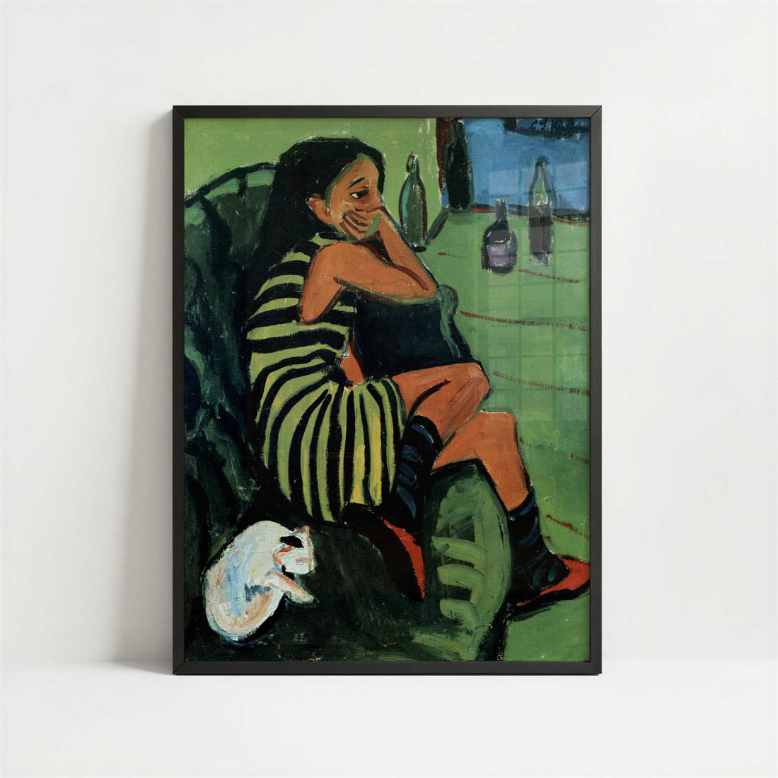 Marcella with Cat (1910) by Ernst Ludwig Kirchner – Art Print - Art print in black frame