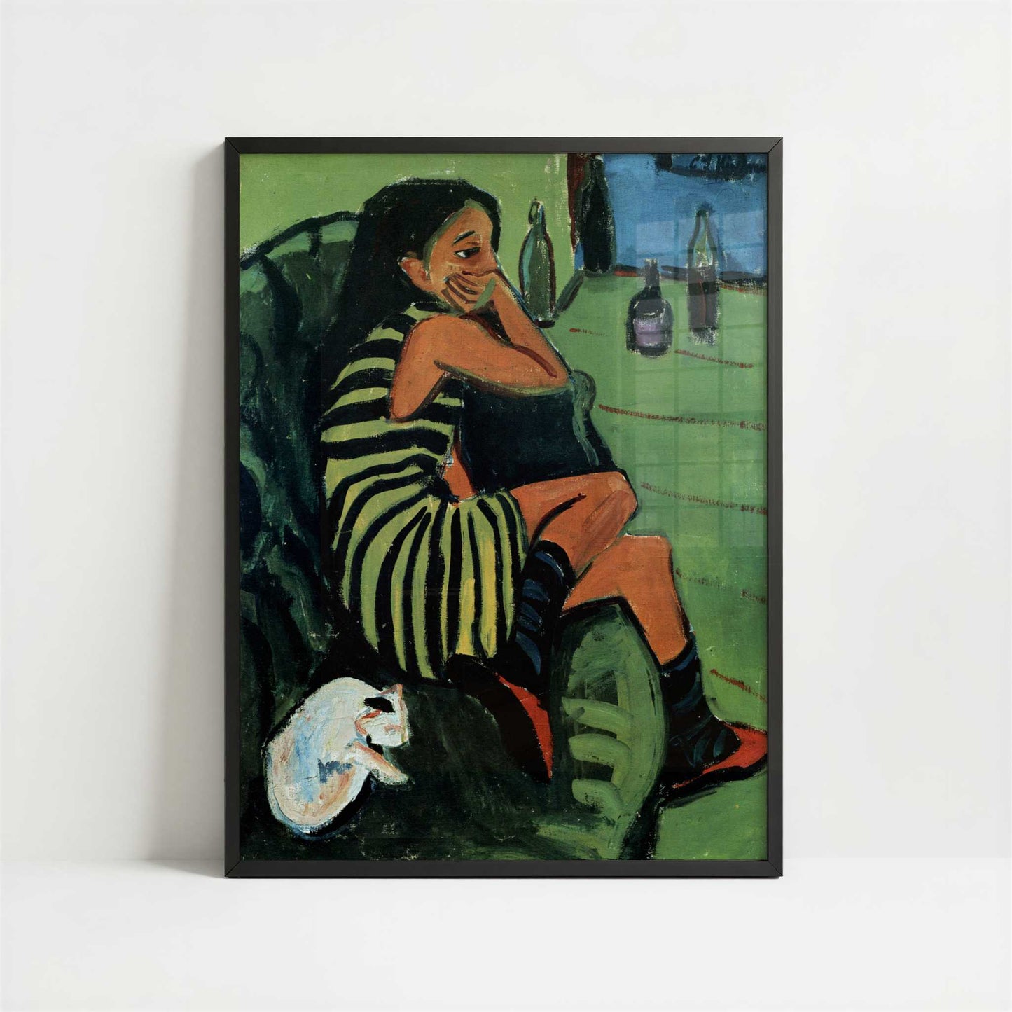 Marcella with Cat (1910) by Ernst Ludwig Kirchner – Art Print - Art print in black frame