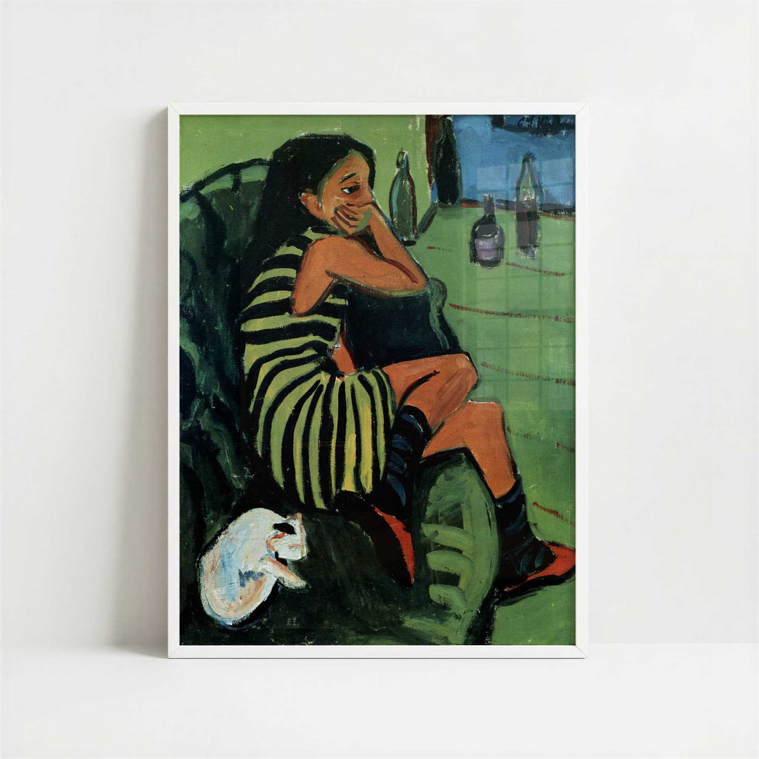 Marcella with Cat (1910) by Ernst Ludwig Kirchner – Art Print - Art print in white frame