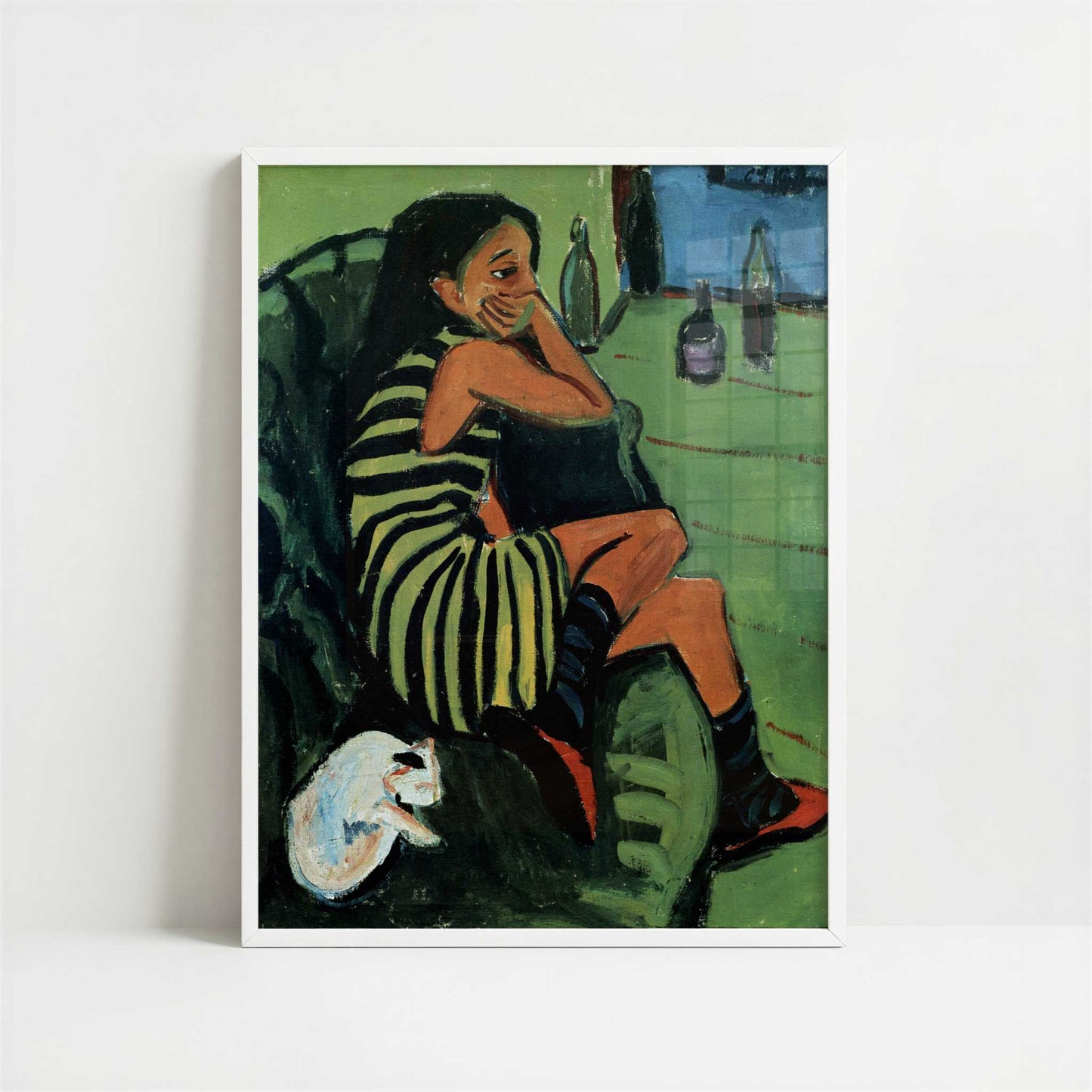 Marcella with Cat (1910) by Ernst Ludwig Kirchner – Art Print - Art print in white frame