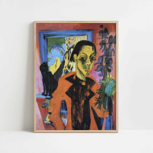 Self-portrait with a Cat (1919-20) by Ernst Ludwig Kirchner – Art Print - Art print in oak frame
