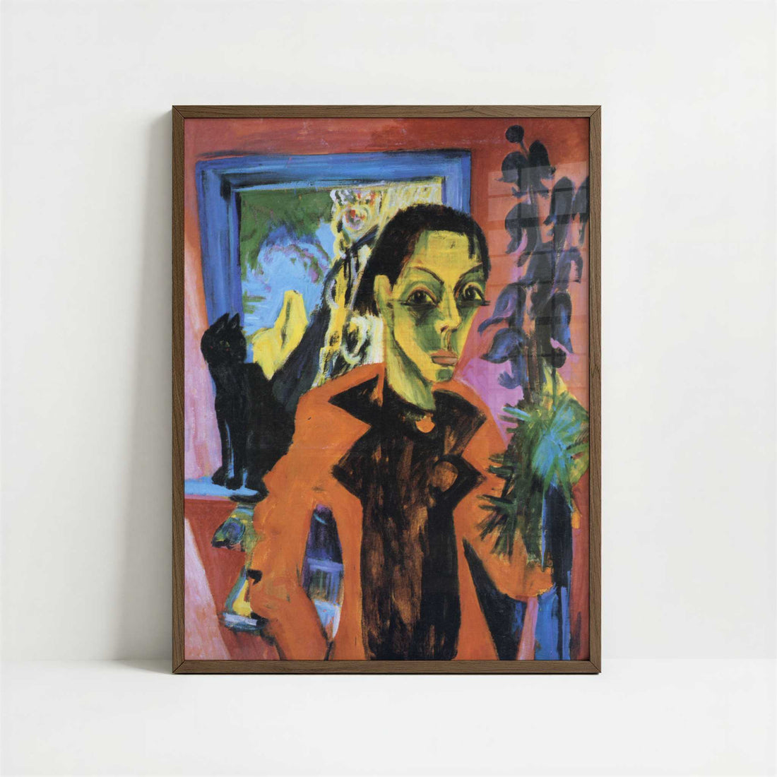 Self-portrait with a Cat (1919-20) by Ernst Ludwig Kirchner – Art Print - Art print in dark wood frame