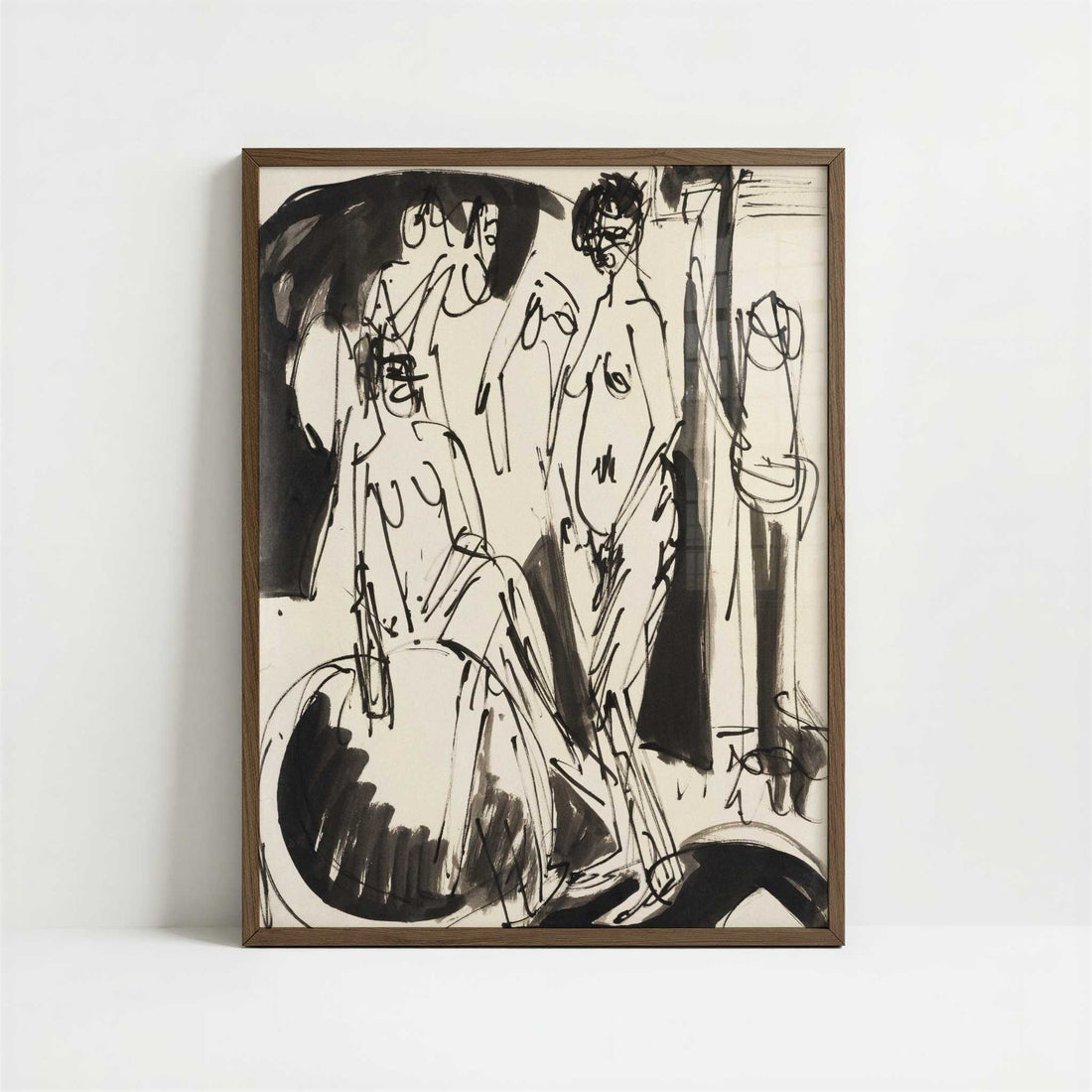 Three Female Nudes (c.1915) by Ernst Ludwig Kirchner – Art Print - Art print in dark wood frame