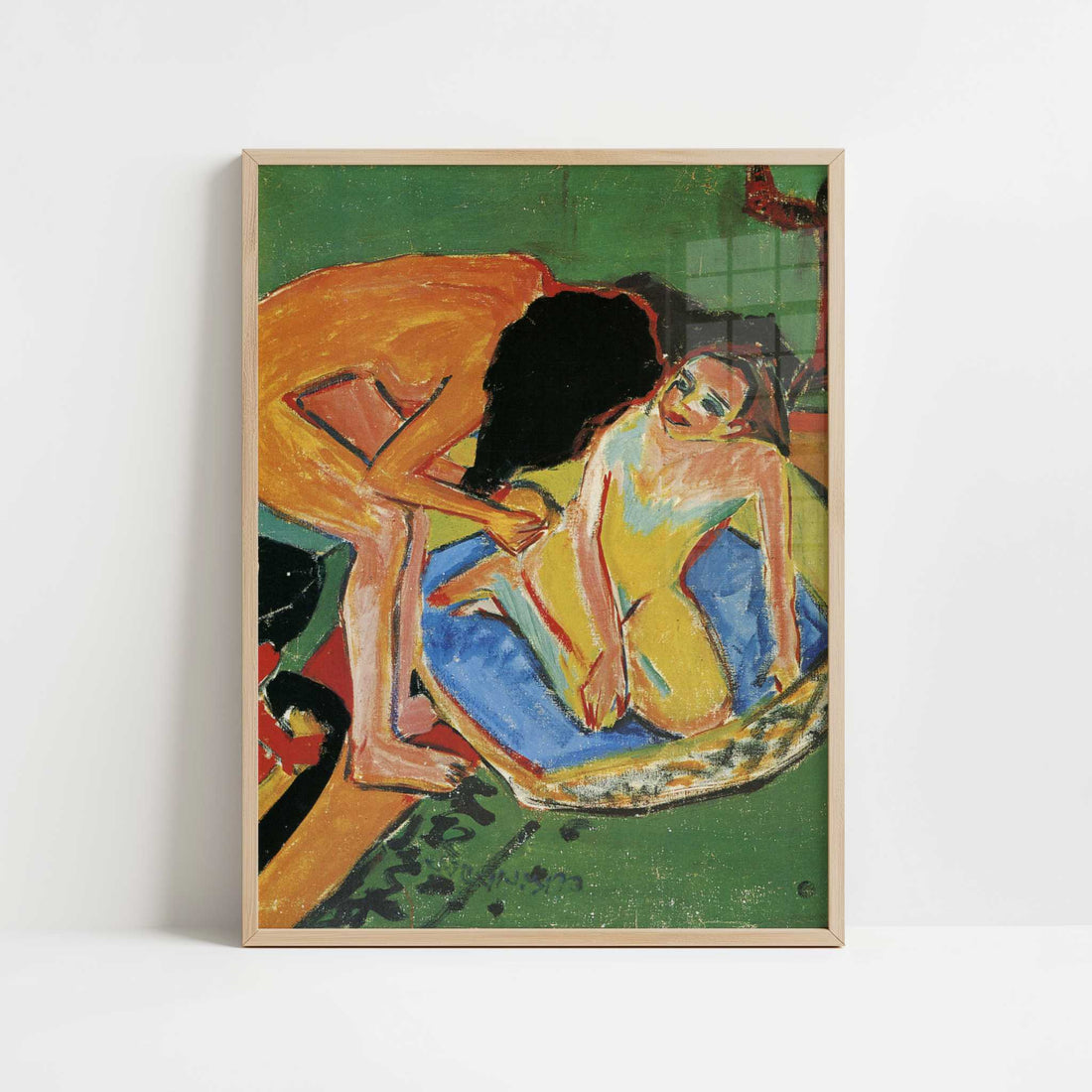 Two Nudes with Bath-tub & Stove (1911) by Ernst Ludwig Kirchner – Art Print - Art print in oak frame