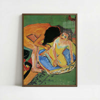 Two Nudes with Bath-tub & Stove (1911) by Ernst Ludwig Kirchner – Art Print - Art print in dark wood frame