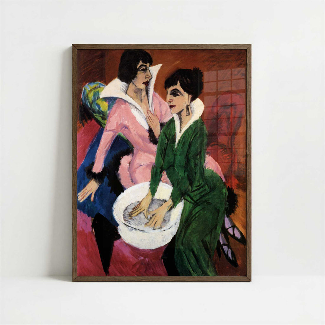 Two Women with Washbasin (1913) by Ernst Ludwig Kirchner – Art Print - Art print in dark wood frame