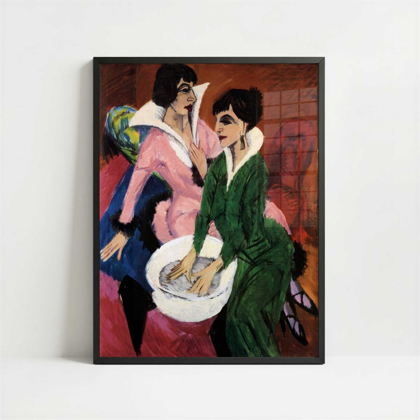 Two Women with Washbasin (1913) by Ernst Ludwig Kirchner – Art Print - Art print in black frame