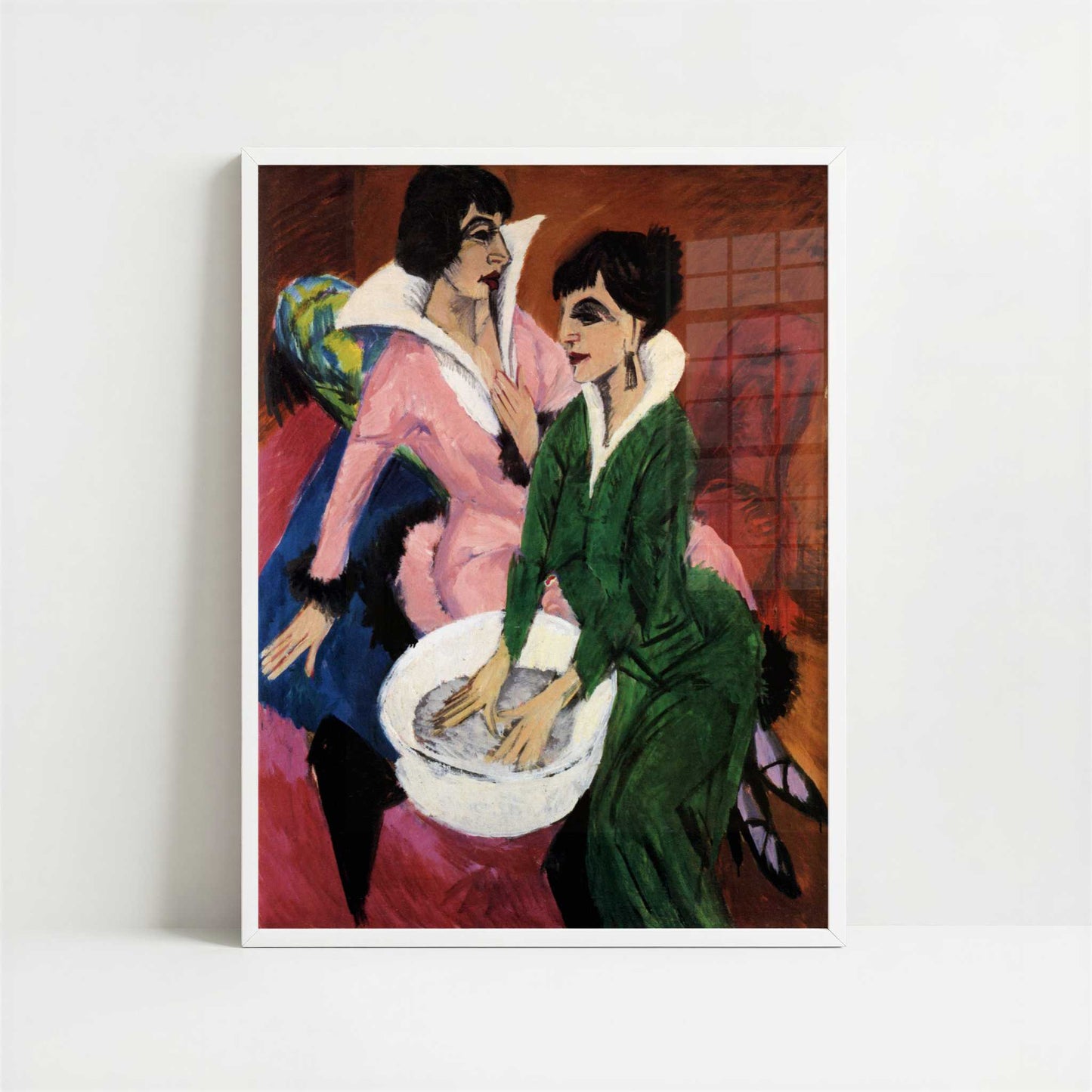 Two Women with Washbasin (1913) by Ernst Ludwig Kirchner – Art Print - Art print in white frame